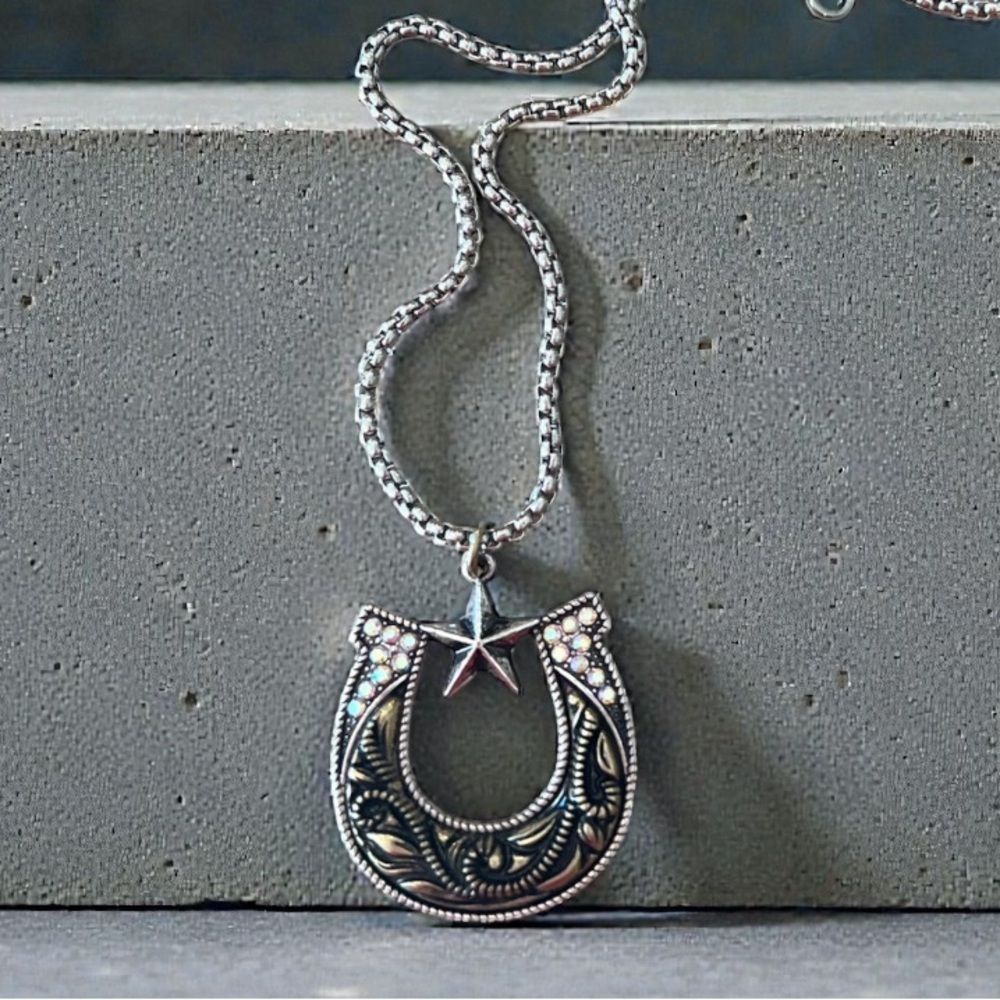 Silver and Gold Toned Horseshoe Necklace with Star Accent on a 24” chain